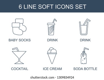 6 soft icons. Trendy soft icons white background. Included line icons such as baby socks, drink, Cocktail, ice cream, soda bottle. soft icon for web and mobile.