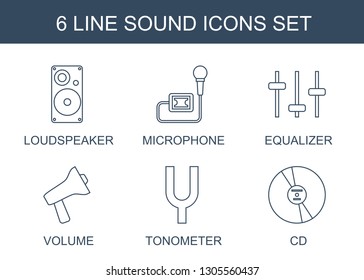 6 sound icons. Trendy sound icons white background. Included line icons such as loudspeaker, microphone, equalizer, volume, tonometer, CD. sound icon for web and mobile.