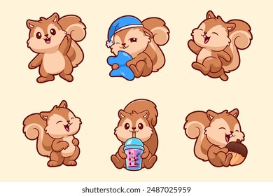 6 Squirrel Cartoon Vector Icon Illustration Food Nature Icon Concept Isolated Premium Vector. Flat Cartoon Style 