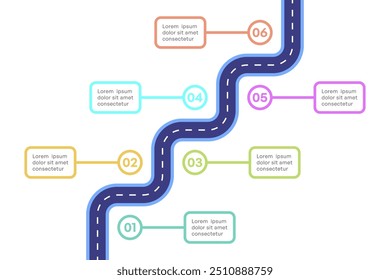 6 Stage Curved Roadmap Infographic, Colorful Milestone Path Vector Illustration