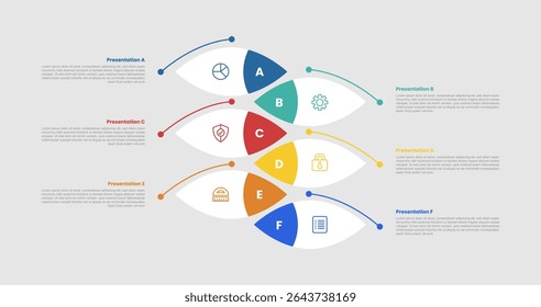6 stage infographic diagram with round rectangle sharp edge opposite direction on stacked list with 6 step for slide presentation vector