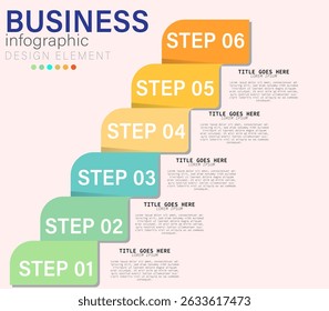 6 Stage or step Business Infographic Design Element with Curved Rectangles, Pastel Color Progression timeline 