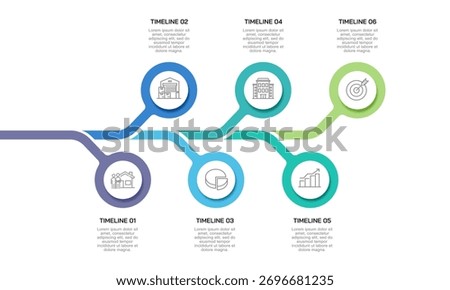 6 Stages Corporate Roadmap Design for Project Planning and Progress Tracking. Presentation, Timeline and Milestone. Vector illustration.