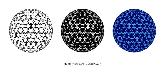 6 Stars Geometric Pattern inside Circle Ball Sphere Vector Illustration Set Isolated on White