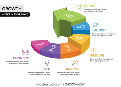 6 Step 3D Arrow Stair Infographic Vector Illustration. Business Growth Projection Infographic Concept.