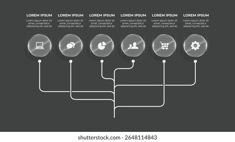 6 Etapa 3D efeito de vidro Infográfico de negócios - Fluxograma de fundo escuro e Finanças Timeline Data Visualization Template