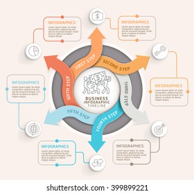 6 Step arrow circle infographics template. Vector illustration. Can be used for workflow layout, diagram, number options, web design and timeline.