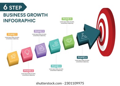 6 Step Arrow Infografik. Geschäftsziel oder Zielkonzept für Wachstum. 3D-Vektorgrafik