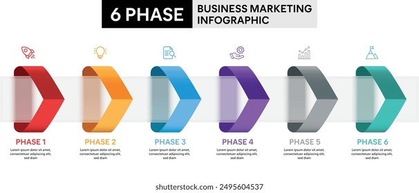 6 Schritt Pfeil Form Glassmorphismus Infografik. Bunte Vektorillustration für Geschäftsfinanzbericht.