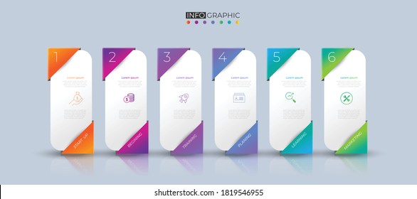 6 Paso Plantilla de flecha de diseño de negocio Línea de tiempo proceso de planificación de negocios con opciones, pasos. Ilustración vectorial. uso para presentación y organización de diseño web con colores degradados