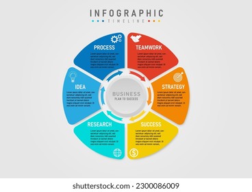 6 step business plan infographic template for success multicolored segmented circle with arrows white icon on colored background In the middle there is a gray button on a gray gradient background.