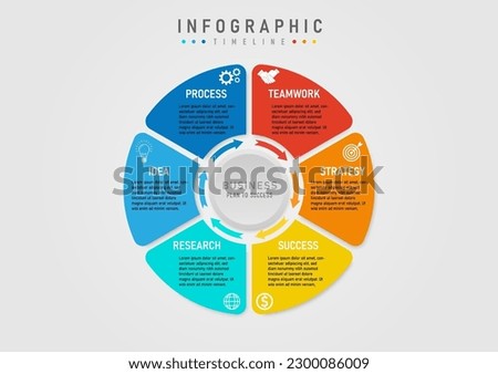 6 step business plan infographic template for success multicolored segmented circle with arrows white icon on colored background In the middle there is a gray button on a gray gradient background.