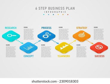 6 step business planning infographic to success Isometric multicolored squares white icon in the center direction arrow gray gradient background design for marketing, growth, product, project