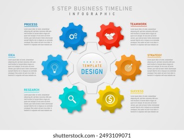 Plantilla infográfica de planificación empresarial de 6 pasos El engranaje gris central y el engranaje multicolor externo en el centro tienen íconos blancos. A la izquierda y a la derecha, coloque el texto sobre un fondo de degradado gris.