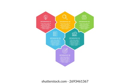 6 Step Business Process Infographic with Hexagon Structure and Colorful.  Creative Flowchart Template. Vector illustration.