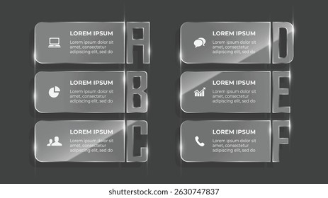 6 Step Business Process Timeline with Glass Effect Bullet Points and Digital Infographic Design - Alphabet