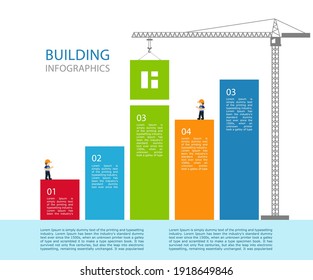 6 Step Chart Info Graphic. Tower Crane And Building Color Block. Infographic Template Building Business. Vector Illustration In Modern Flat Style. 