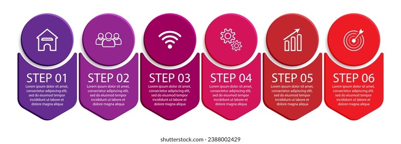 6 step infographic design. simple various colors interconnected, with icons, text and lines, suitable for your business presentation