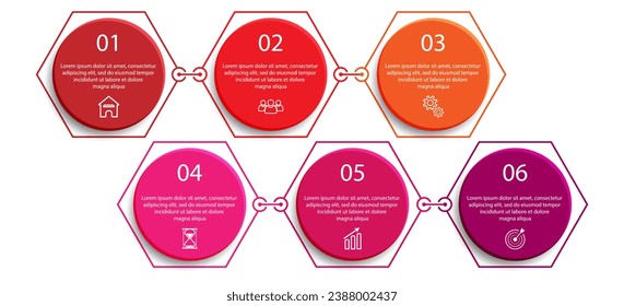 6 step infographic design. simple various colors interconnected, with icons, text and lines, suitable for your business presentation