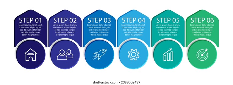 6 Stufen Infografik Design. einfache, verschiedene Farben miteinander verbunden, mit Symbolen, Text und Linien, geeignet für Ihre Geschäftspräsentation