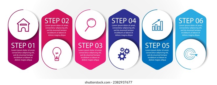 6 step infographic, simple infographic design consisting of six interrelated parts, circle design combined with squares, lines, icons and colors, good for your business presentation