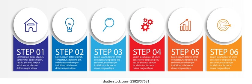6 step infographic, simple infographic design consisting of six interrelated parts, circle design combined with squares, lines, icons and colors, good for your business presentation