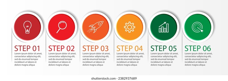 6 step infographic, simple infographic design consisting of six interrelated parts, circle design combined with squares, lines, icons and colors, good for your business presentation