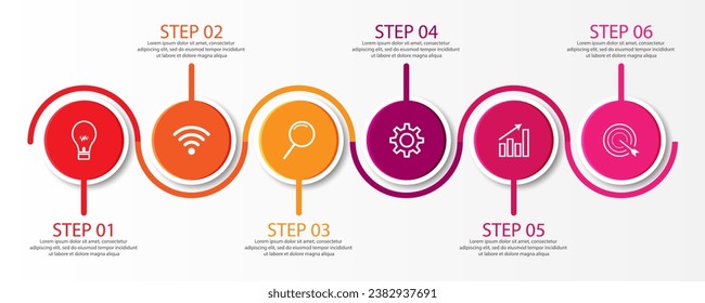 6 step infographic, simple infographic design consisting of six interrelated parts, circle design combined with squares, lines, icons and colors, good for your business presentation