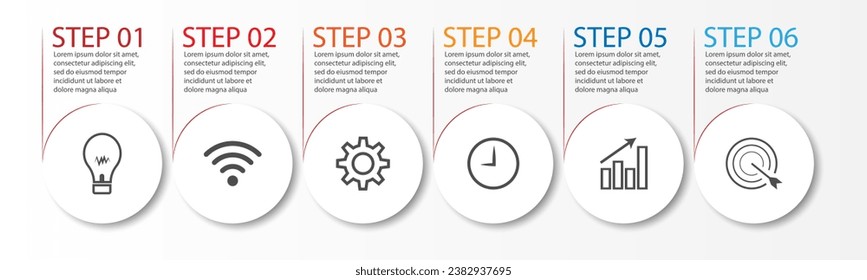6 step infographic, simple infographic design consisting of six interrelated parts, circle design combined with squares, lines, icons and colors, good for your business presentation