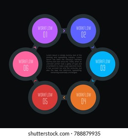 6 step infographic, six choices flow infographic, circular options processes diagram, dark infographic