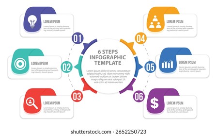 
6 step infographic template with editable icons. perfect for business presentations, process diagrams, workflows, flowcharts, and banners. clean, minimalist vector design.