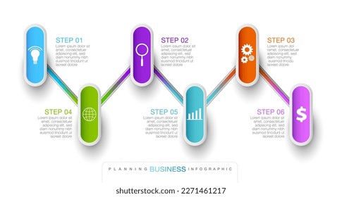 6 step infographic timeline design template. Blank space for content, business, infographic, diagram, flowchart or process step.