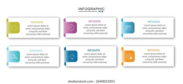 6 Step Infographics Design Template - Graph, Pie chart, workflow layout, squire diagram, brochure, report, presentation, web design Editable Vector	