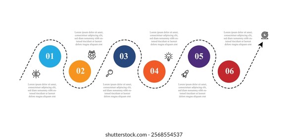 6 step line process infographic template with circle concept can be used for workflow, business presentation and banner information 