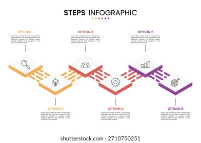 Diseño de infografía isométrica de diagrama de línea de tiempo de 6 pasos, opciones, etapas o procesos con iconos. Concepto de infografía para la Plantilla de presentación de pasos comerciales  