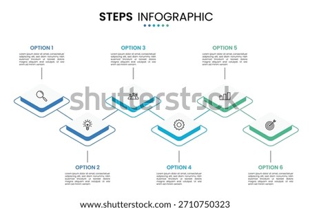 6 step, option, stage or process timeline diagram isometric infographic design with icons. Infographic concept for business step presentation template  