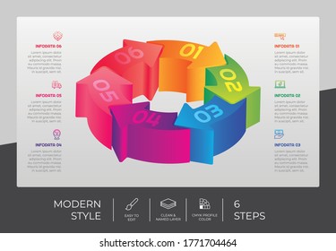 6 Step or Process Arrow Infographic With 3d Circle Layout and Chart Design