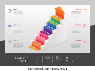 6 Step or Process Infographic With 3D Stair Layout and Chart Design