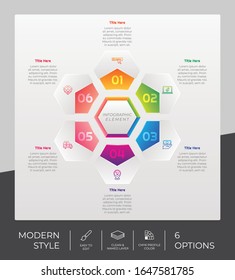 Diseño de vectores infográficos hexágonos de flujo de trabajo con 6 opciones y diseño moderno. la infografía de la opción puede ser utilizada para la presentación, el informe anual y el propósito del negocio.