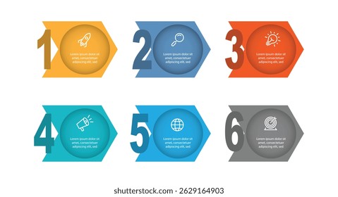 6 step process infographic template. Template business information with icons, number, arrow and circle concept.