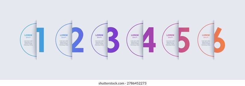 6 step process infographic template. Semicircular elements with text and numbers arranged horizontally.