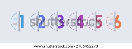 6 step process infographic template. Semicircular elements with text and numbers arranged horizontally.