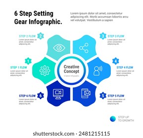 6 Plantilla Infográfica de Engranaje de Ajuste de Paso, engranaje con seis Elementos. Partes del gráfico con iconos y números.