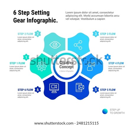 6 Step Setting Gear Infographic template, gear with six elements. Parts of the chart with icons and numbers.