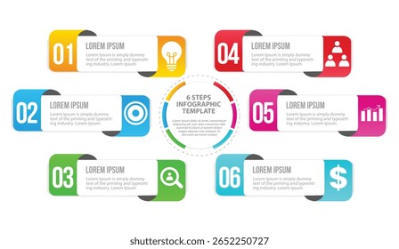 6 step timeline infographic with arrow elements. ideal for showcasing business strategy, progression, and project planning. flat, clean vector design for presentations and reports.