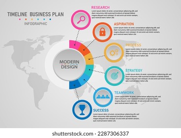 6 step timeline infographic Multi colored circles with dotted lines. Business growth planning for success. Several icons in the center of the world map below. gray gradient background