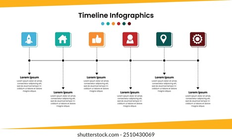 6 step timeline Infographics, symbolizing the six stages of business strategy and progression. Clean timeline infographic design template. Vector for presentation. 6 step process