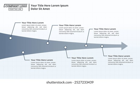 Seta de 6 etapas Cronograma infográfico em um layout 16:9 para apresentações de negócios, gerenciamento e avaliação.