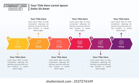 Seta de 6 passos Cronograma infográfico em uma proporção de 16:9 para apresentação de negócios, cartaz, banner e livreto.