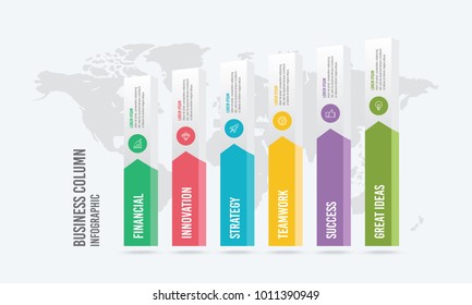 6 Steps Business Column Infographic Template with Bar Chart and Icons Vector Illustration